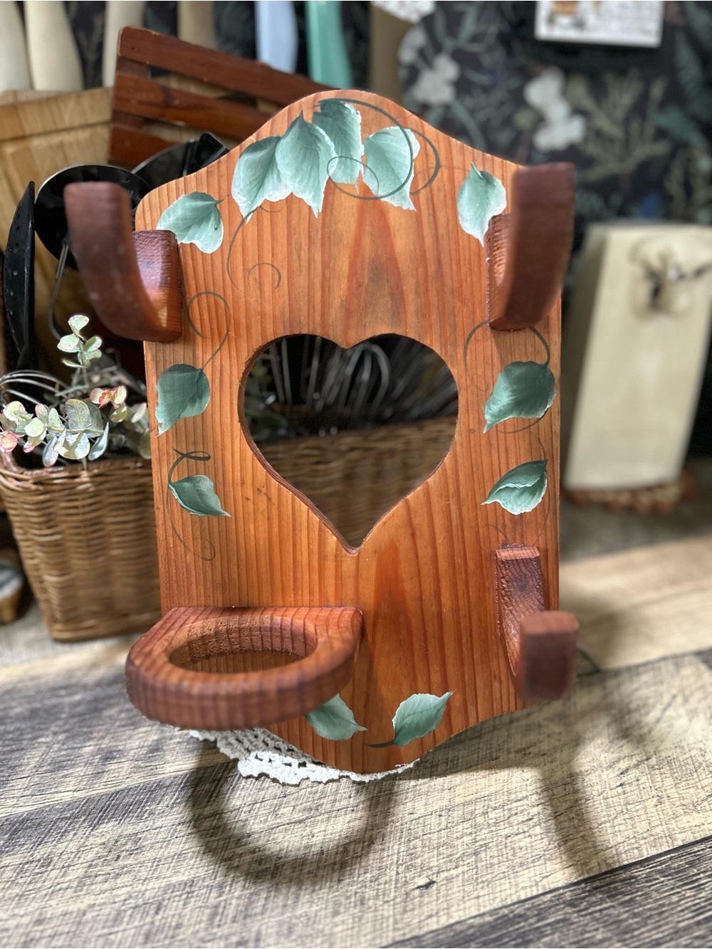 Vintage Wooden Hair Tool Organizer Heart Hand Painted Ivy